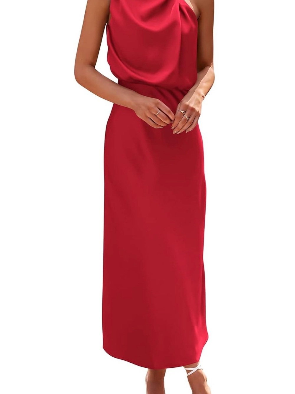 One-Shoulder Red Satin Maxi Dress